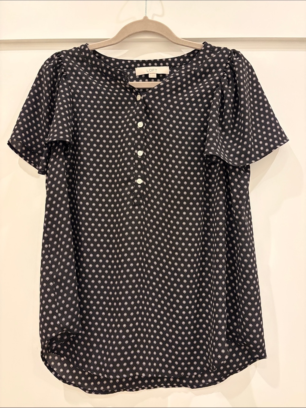 LOFT Navy Polka Dot Flutter-Sleeve Button Henley Top